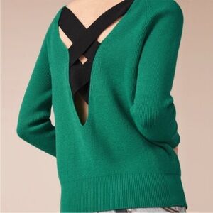 Maje Green V-Neck Sweater with Black Cross Straps